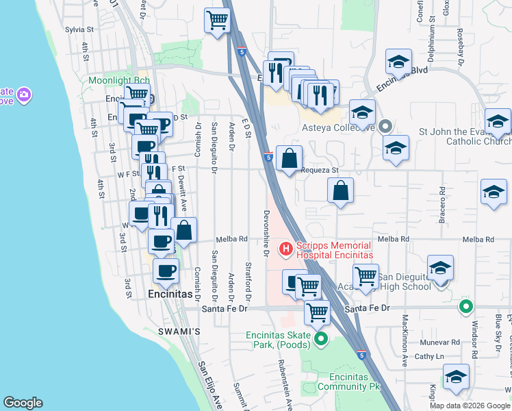 map of restaurants, bars, coffee shops, grocery stores, and more near 837 Stratford Drive in Encinitas