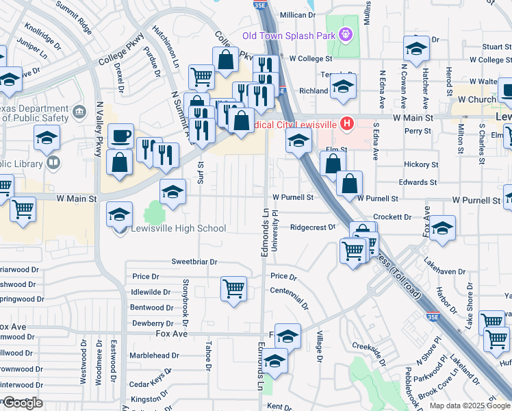 map of restaurants, bars, coffee shops, grocery stores, and more near 601 Prairie Dell Street in Lewisville