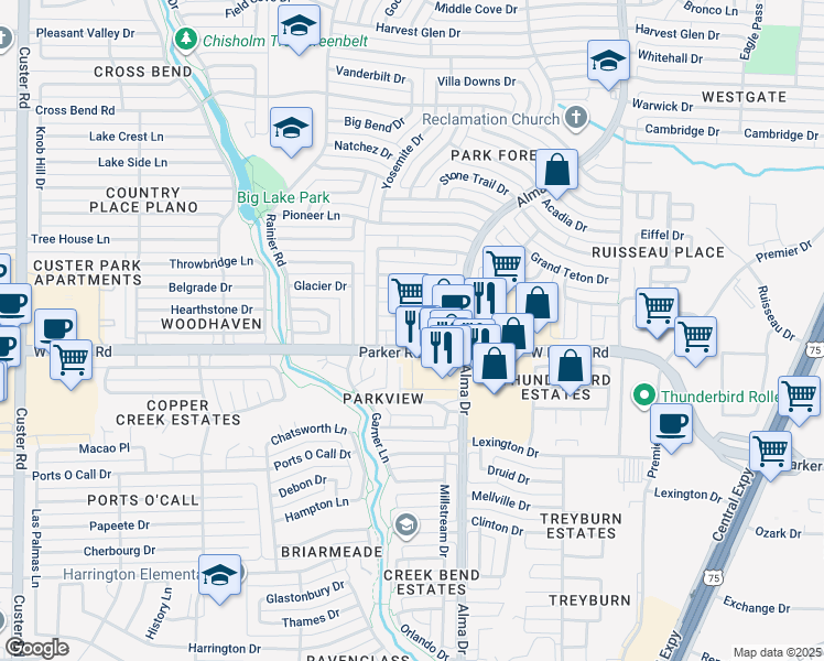 map of restaurants, bars, coffee shops, grocery stores, and more near 1201 Jojoba Court in Plano
