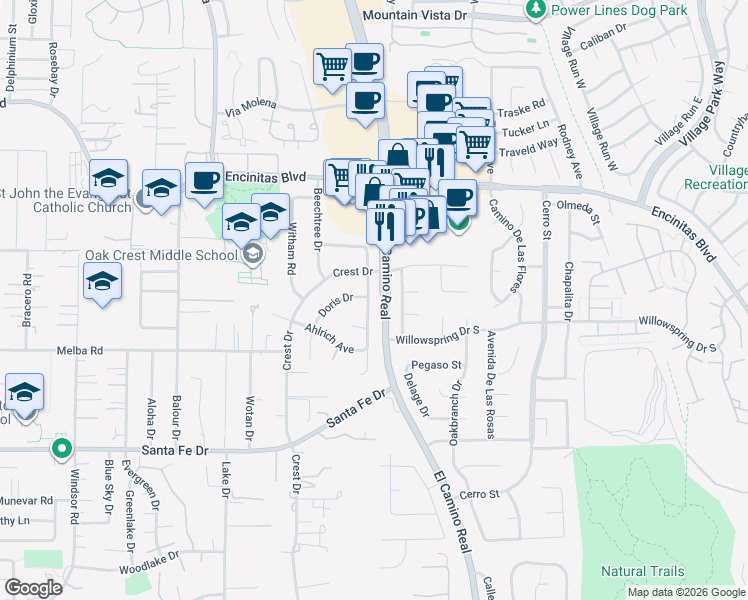 map of restaurants, bars, coffee shops, grocery stores, and more near 301 Hickoryhill Drive in Encinitas