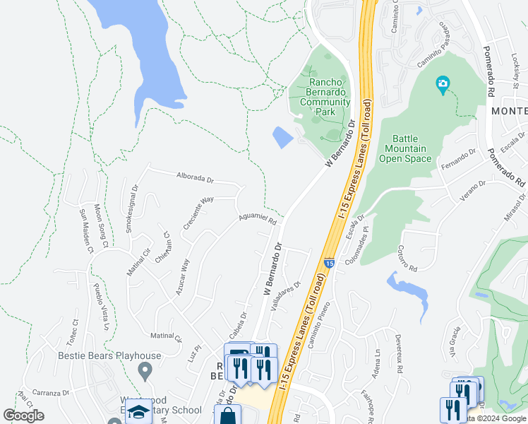 map of restaurants, bars, coffee shops, grocery stores, and more near 17960 Aguamiel Road in San Diego