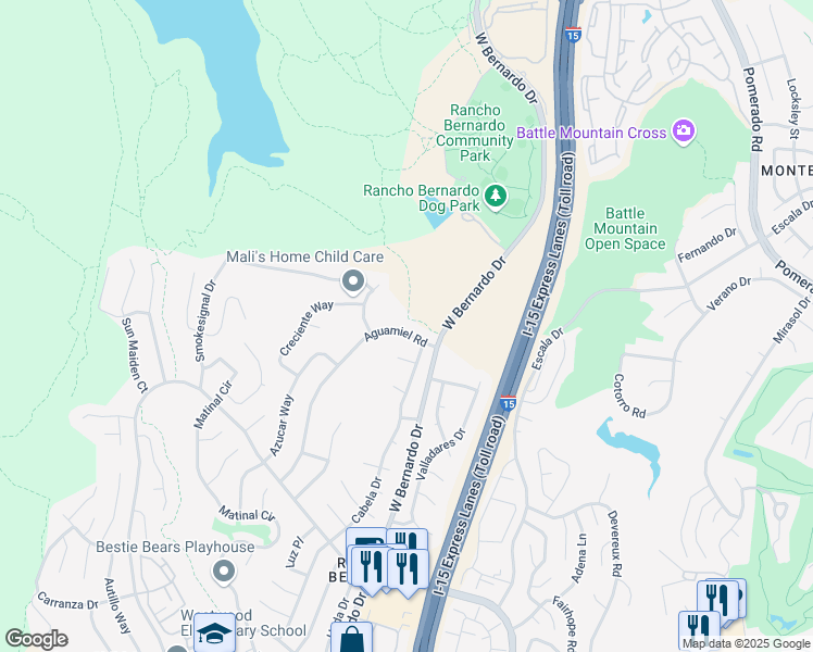map of restaurants, bars, coffee shops, grocery stores, and more near 17960 Aguamiel Road in San Diego