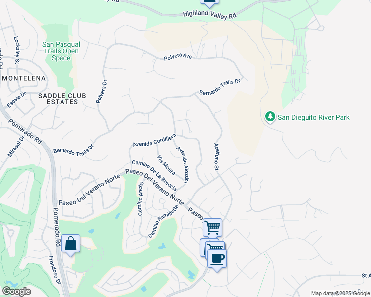 map of restaurants, bars, coffee shops, grocery stores, and more near 18004 Avenida Alozdra in San Diego