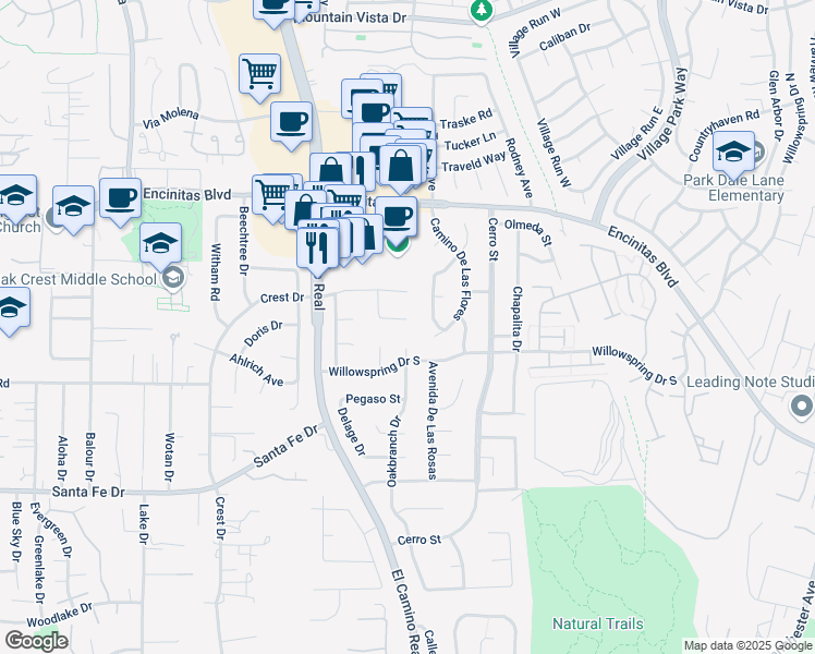 map of restaurants, bars, coffee shops, grocery stores, and more near 341 Horizon Drive in Encinitas