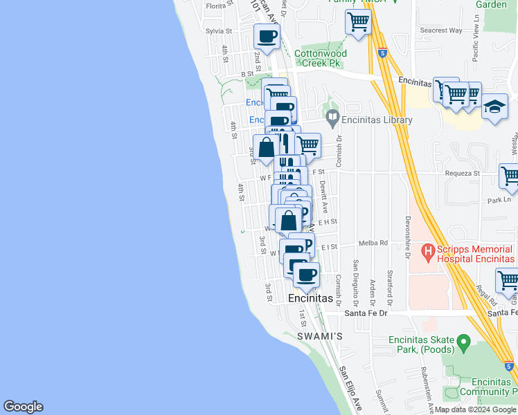 map of restaurants, bars, coffee shops, grocery stores, and more near 762 3rd Street in Encinitas