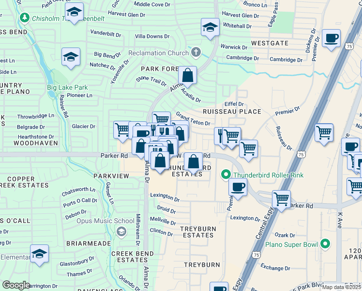 map of restaurants, bars, coffee shops, grocery stores, and more near 3317 Crater Lane in Plano