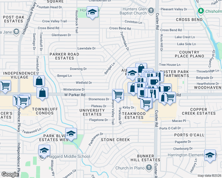 map of restaurants, bars, coffee shops, grocery stores, and more near 3313 Canyon Valley Trail in Plano
