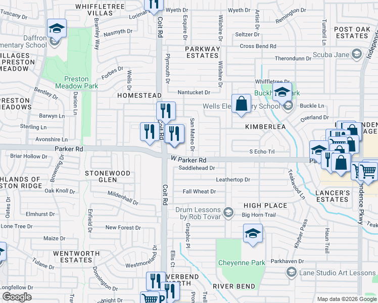 map of restaurants, bars, coffee shops, grocery stores, and more near 3309 San Mateo Drive in Plano