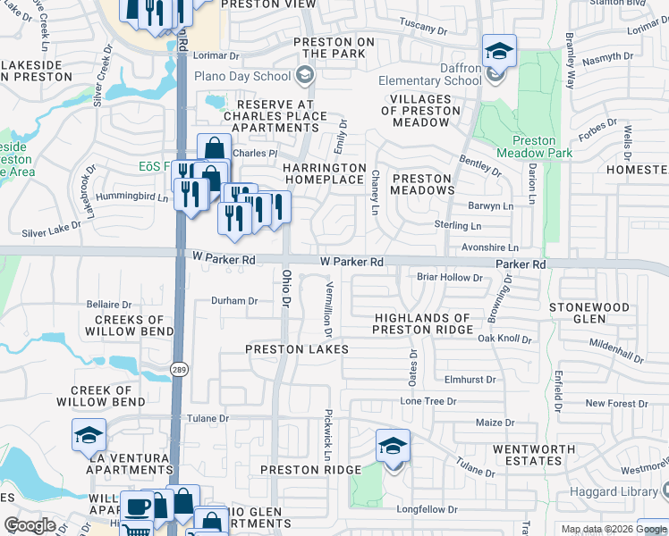 map of restaurants, bars, coffee shops, grocery stores, and more near 4609 Kellner Place in Plano