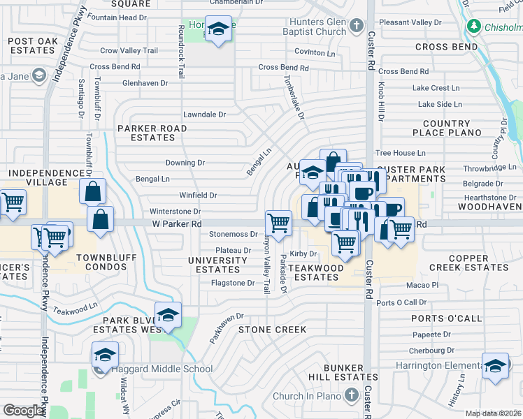 map of restaurants, bars, coffee shops, grocery stores, and more near 3313 Canyon Valley Trail in Plano