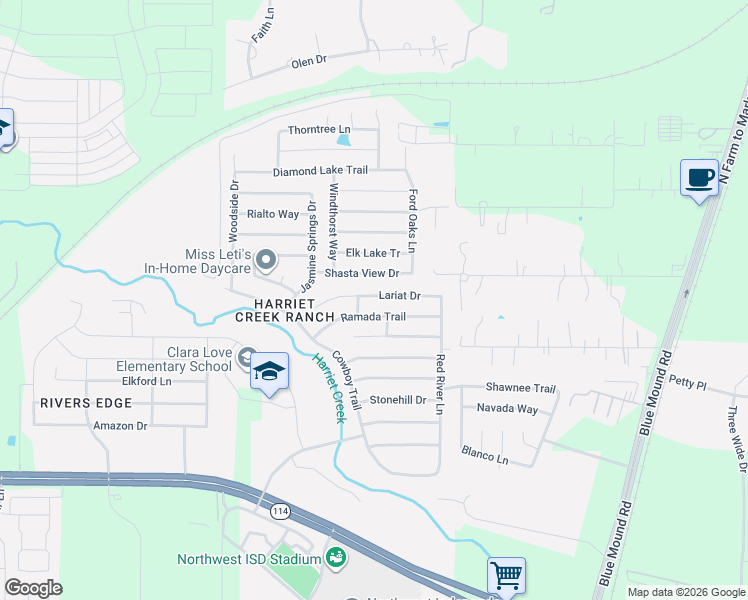 map of restaurants, bars, coffee shops, grocery stores, and more near 1912 Lariat Drive in Justin