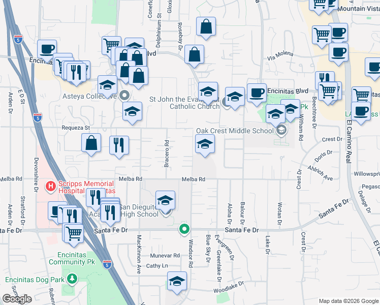map of restaurants, bars, coffee shops, grocery stores, and more near 754b Bonita Drive in Encinitas