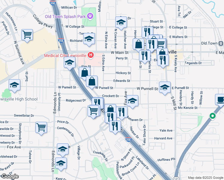 map of restaurants, bars, coffee shops, grocery stores, and more near 414 West Purnell Street in Lewisville