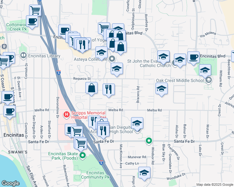 map of restaurants, bars, coffee shops, grocery stores, and more near 818 Nardo Road in Encinitas