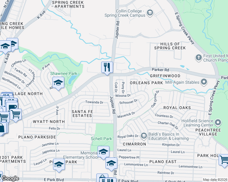 map of restaurants, bars, coffee shops, grocery stores, and more near 3305 Jupiter Road in Plano