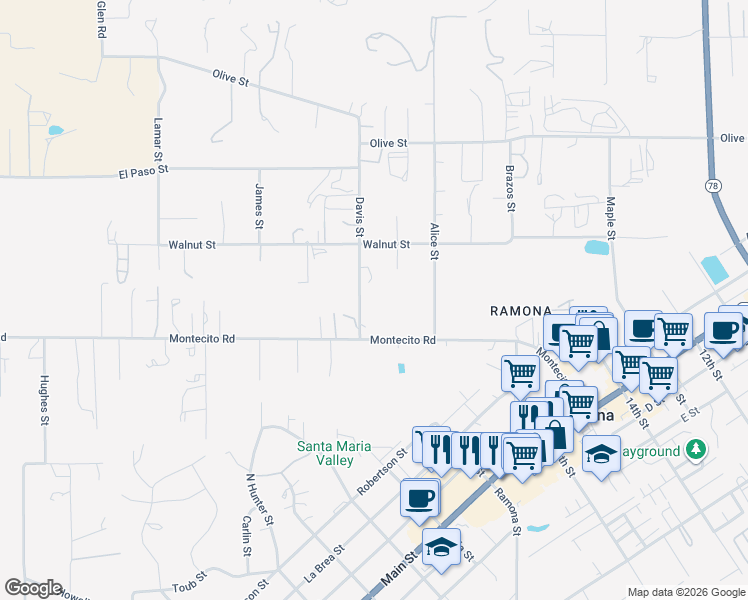 map of restaurants, bars, coffee shops, grocery stores, and more near 557 Davis Street in Ramona