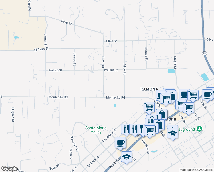 map of restaurants, bars, coffee shops, grocery stores, and more near 557 Davis Street in Ramona