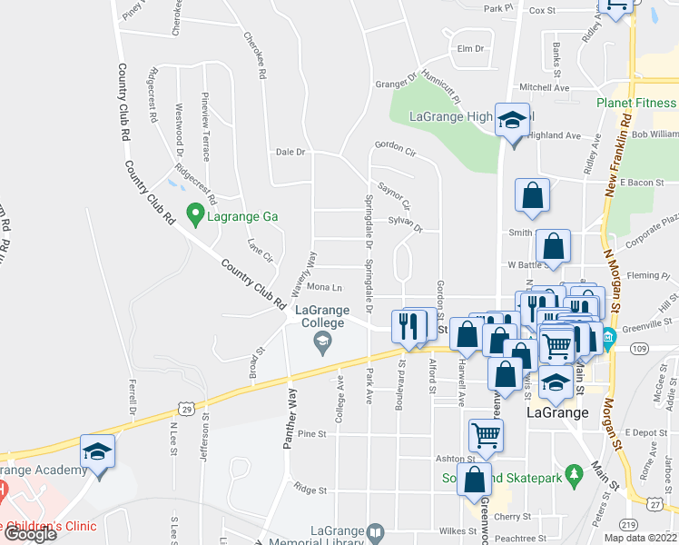 map of restaurants, bars, coffee shops, grocery stores, and more near 607 Edmondson Avenue in LaGrange