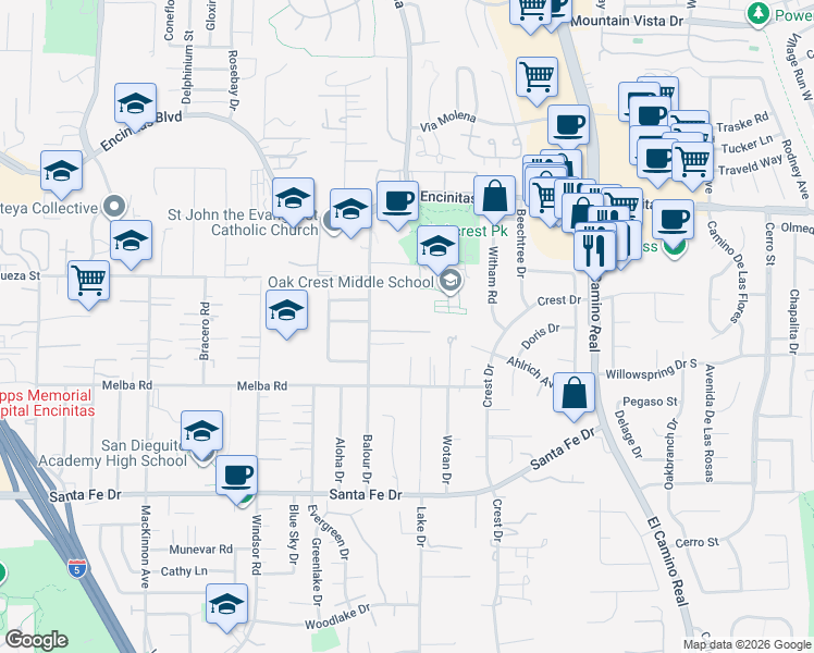 map of restaurants, bars, coffee shops, grocery stores, and more near 1140 Island View Lane in Encinitas