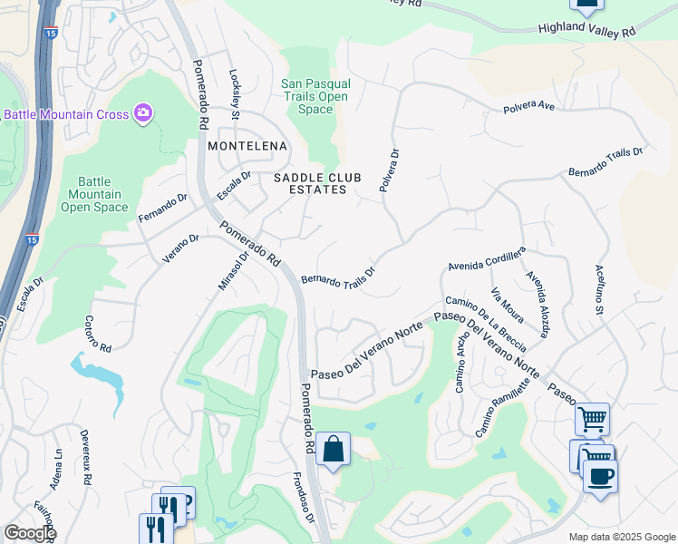 map of restaurants, bars, coffee shops, grocery stores, and more near 18420 Bernardo Trails Drive in San Diego