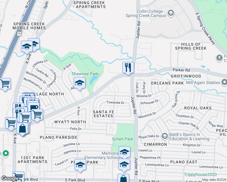 map of restaurants, bars, coffee shops, grocery stores, and more near 3309 Oswego Drive in Plano