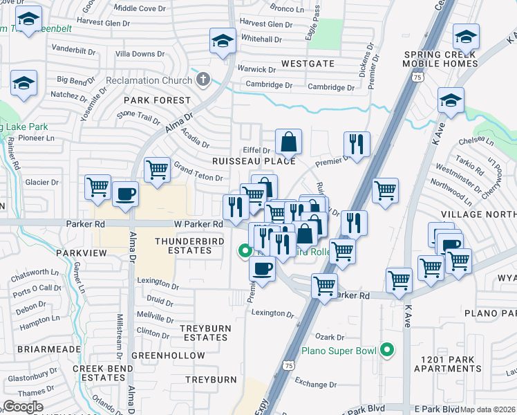 map of restaurants, bars, coffee shops, grocery stores, and more near 3325 Premier Drive in Plano