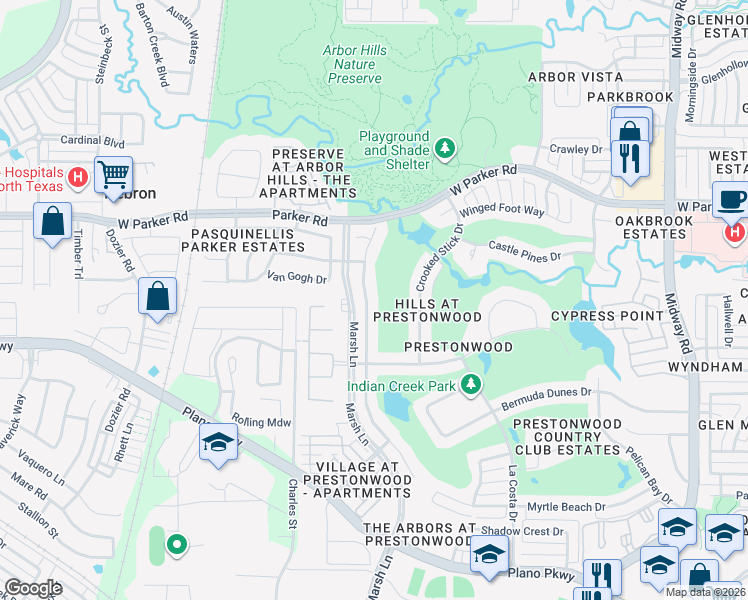 map of restaurants, bars, coffee shops, grocery stores, and more near 3016 Prestonwood Drive in Plano