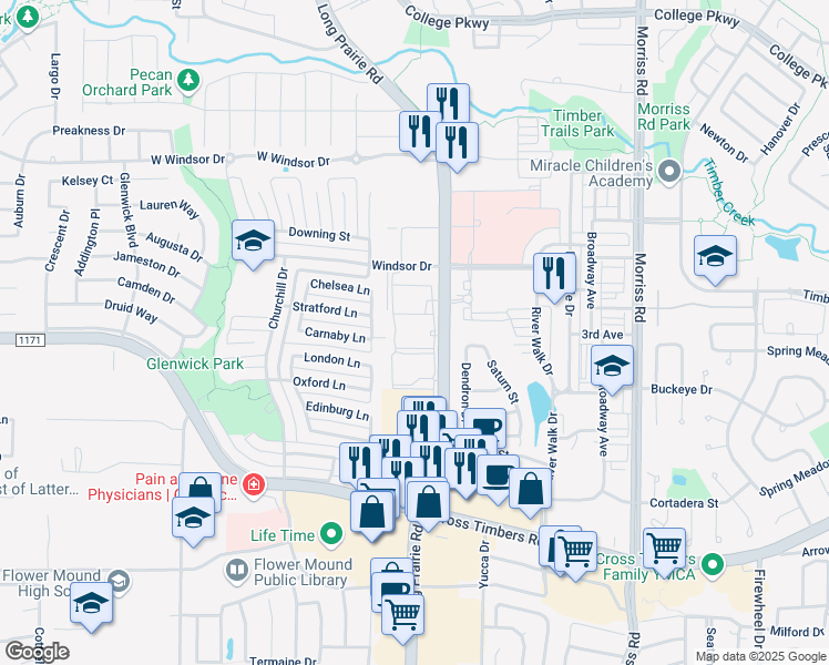 map of restaurants, bars, coffee shops, grocery stores, and more near 4121 Long Prairie Road in Flower Mound