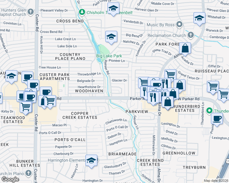 map of restaurants, bars, coffee shops, grocery stores, and more near 1405 Wind Cave Circle in Plano