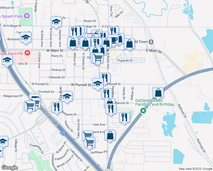 map of restaurants, bars, coffee shops, grocery stores, and more near 102 East Purnell Street in Lewisville