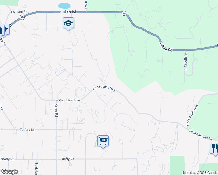 map of restaurants, bars, coffee shops, grocery stores, and more near 221 East Old Julian Highway in Ramona
