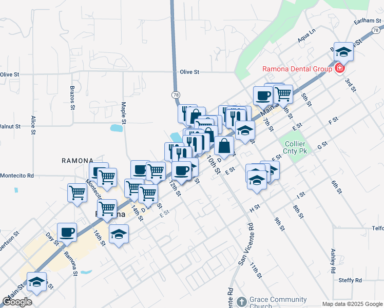 map of restaurants, bars, coffee shops, grocery stores, and more near 1025 Main Street in Ramona