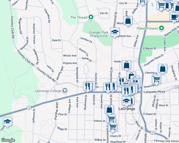 map of restaurants, bars, coffee shops, grocery stores, and more near 204 Ben Hill Street in LaGrange