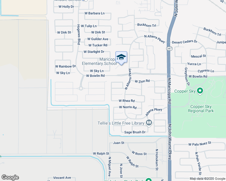 map of restaurants, bars, coffee shops, grocery stores, and more near 45433 West Sandhill Road in Maricopa