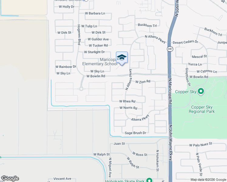 map of restaurants, bars, coffee shops, grocery stores, and more near 45433 West Sandhill Road in Maricopa