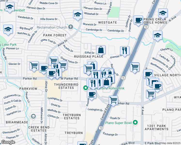 map of restaurants, bars, coffee shops, grocery stores, and more near 3325 Premier Drive in Plano