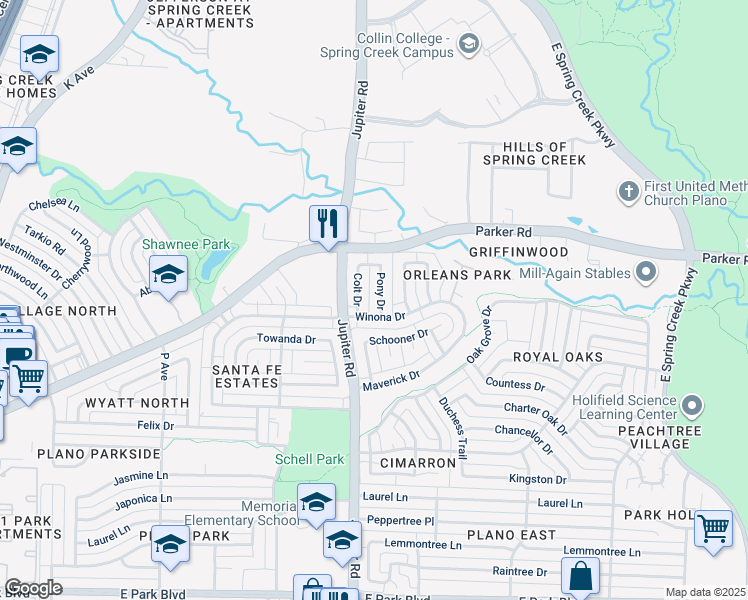 map of restaurants, bars, coffee shops, grocery stores, and more near 3309 Pony Drive in Plano