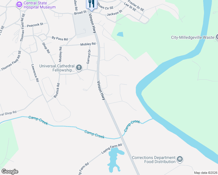 map of restaurants, bars, coffee shops, grocery stores, and more near 155 Riverside Drive in Milledgeville