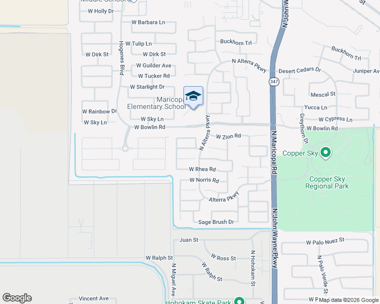 map of restaurants, bars, coffee shops, grocery stores, and more near 45337 West Sandhill Road in Maricopa