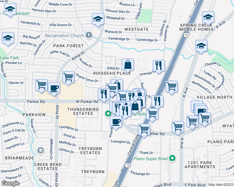 map of restaurants, bars, coffee shops, grocery stores, and more near 3325 Premier Drive in Plano