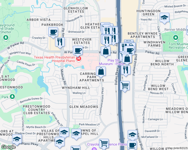 map of restaurants, bars, coffee shops, grocery stores, and more near 3001 Communications Parkway in Plano