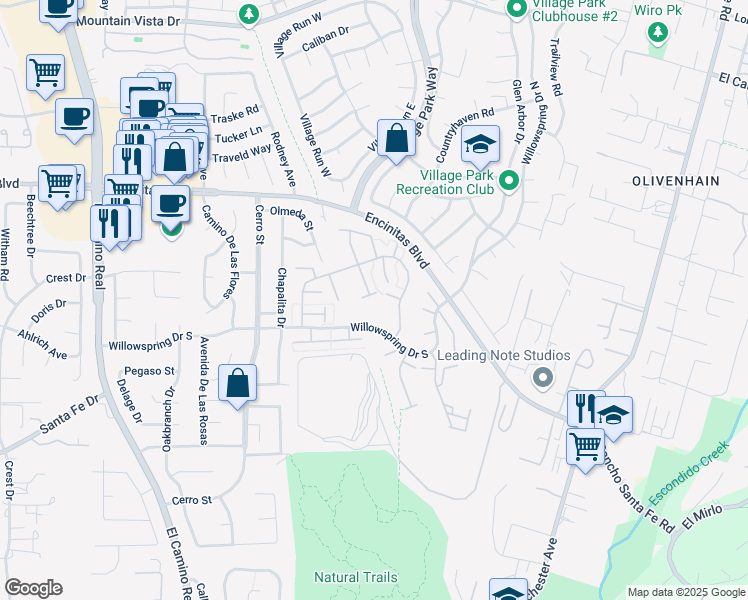 map of restaurants, bars, coffee shops, grocery stores, and more near 1878 Pleasantdale Lane in Encinitas