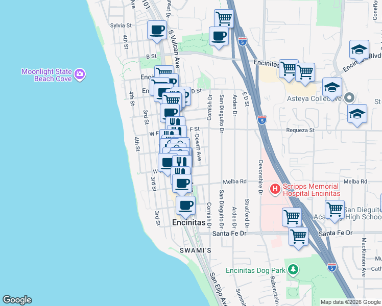 map of restaurants, bars, coffee shops, grocery stores, and more near 811 South Vulcan Avenue in Encinitas