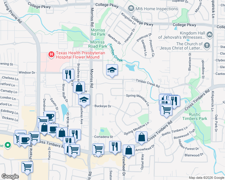 map of restaurants, bars, coffee shops, grocery stores, and more near 1928 Pin Oak Drive in Flower Mound