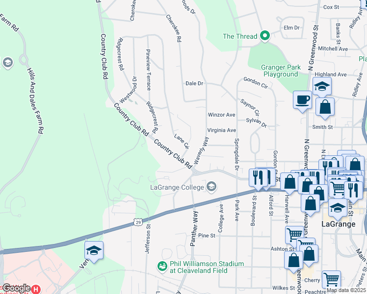 map of restaurants, bars, coffee shops, grocery stores, and more near 301 Lane Circle in LaGrange