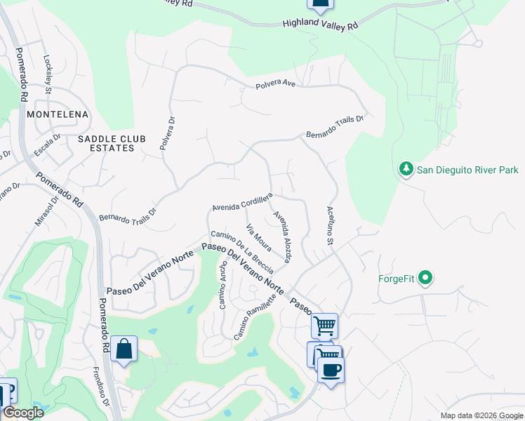 map of restaurants, bars, coffee shops, grocery stores, and more near 17925 Avenida Cordillera in San Diego