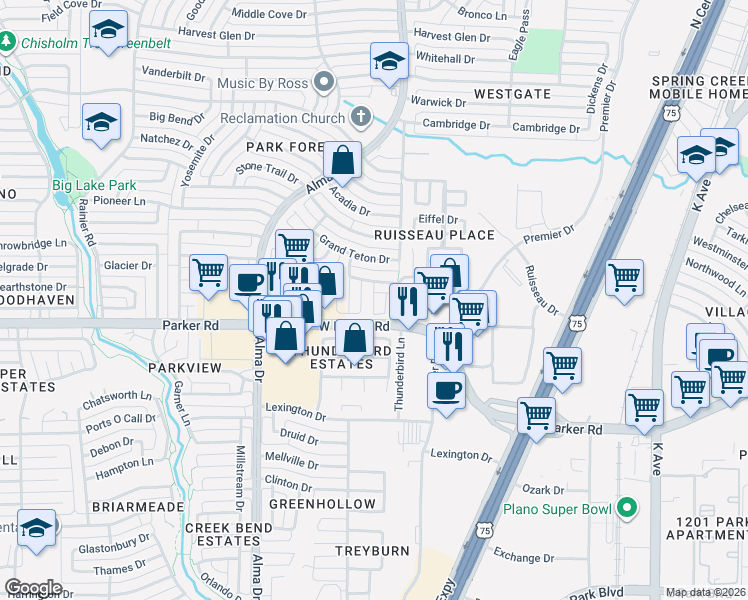 map of restaurants, bars, coffee shops, grocery stores, and more near 3316 John Muir Court in Plano