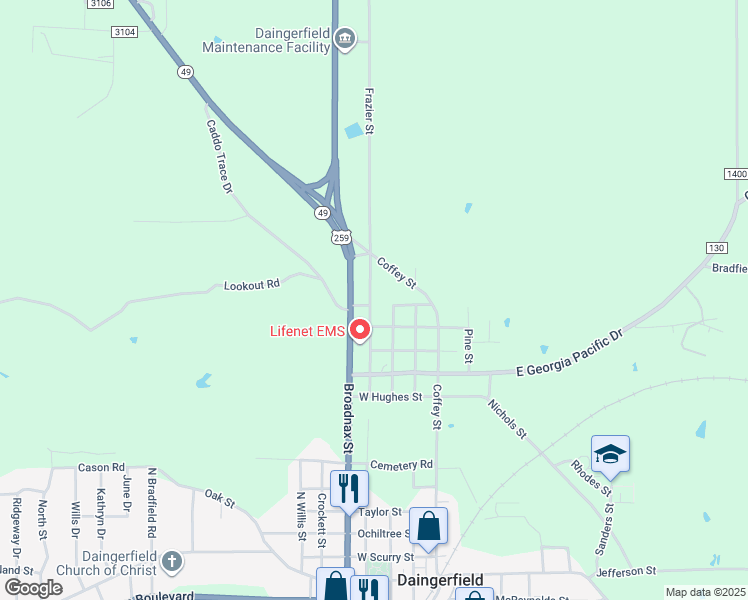 map of restaurants, bars, coffee shops, grocery stores, and more near 1213 Coffey Street in Daingerfield