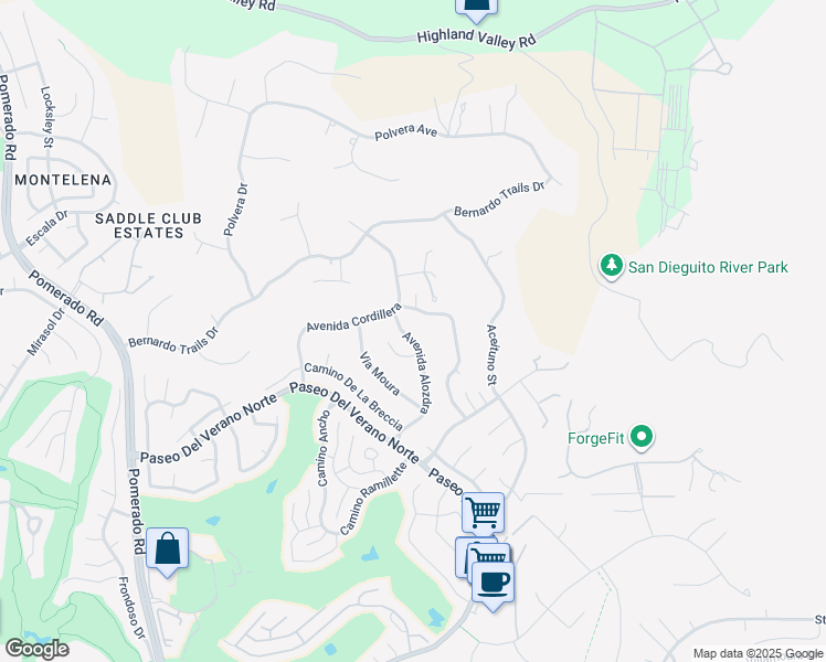 map of restaurants, bars, coffee shops, grocery stores, and more near 18035 Avenida Alozdra in San Diego