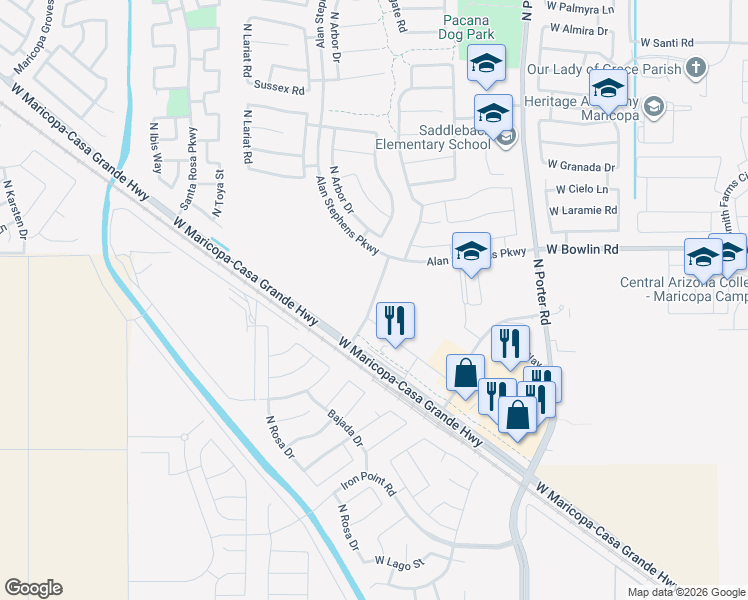 map of restaurants, bars, coffee shops, grocery stores, and more near Stonegate Road in Maricopa